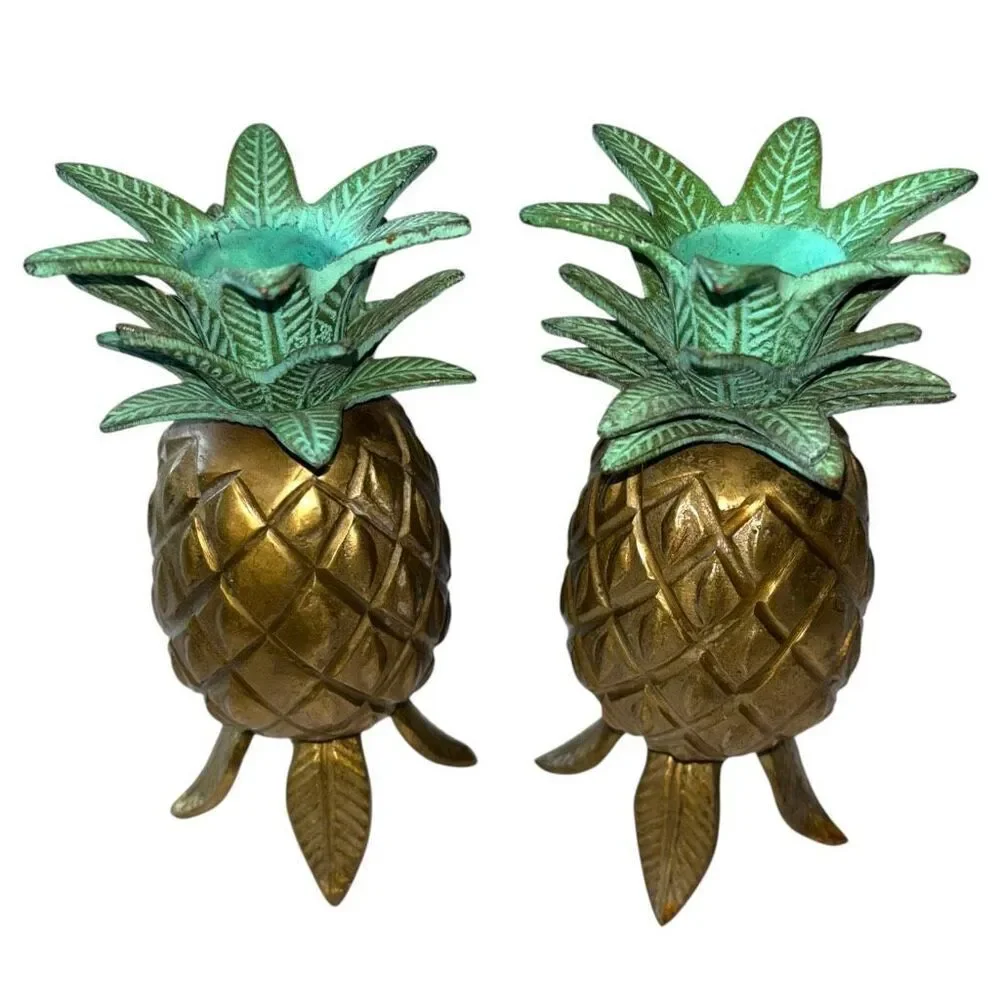 Vintage Pair Solid Brass & Green Pineapple Candle Holders